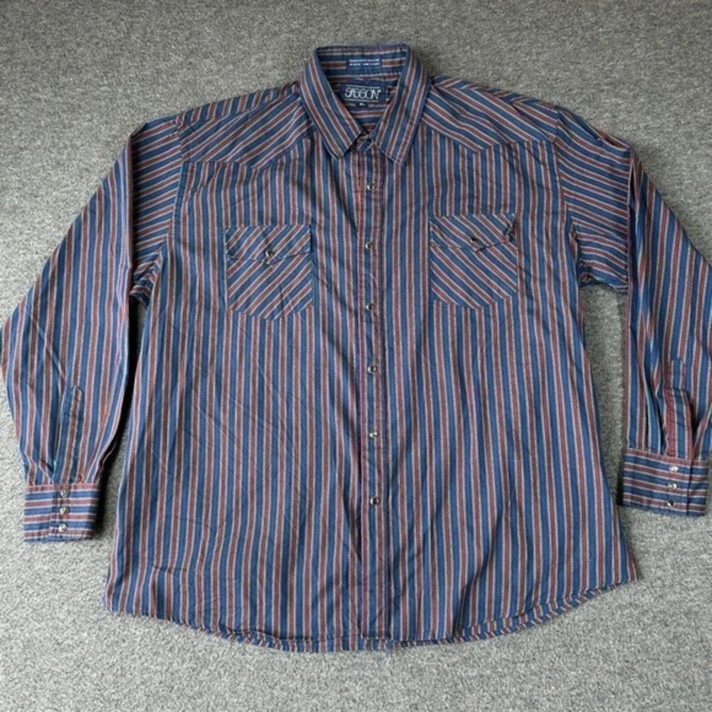 Vintage Sasson Pearl Snap Shirt Mens XL Extra‎ Large Blue Red Stripe Long Sleeve